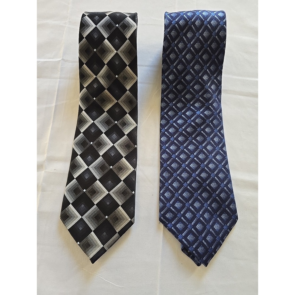 Tie Lot Of 2 Vintage Stafford Neck 100%‎ Silk Blue Black Geometric Gray Design